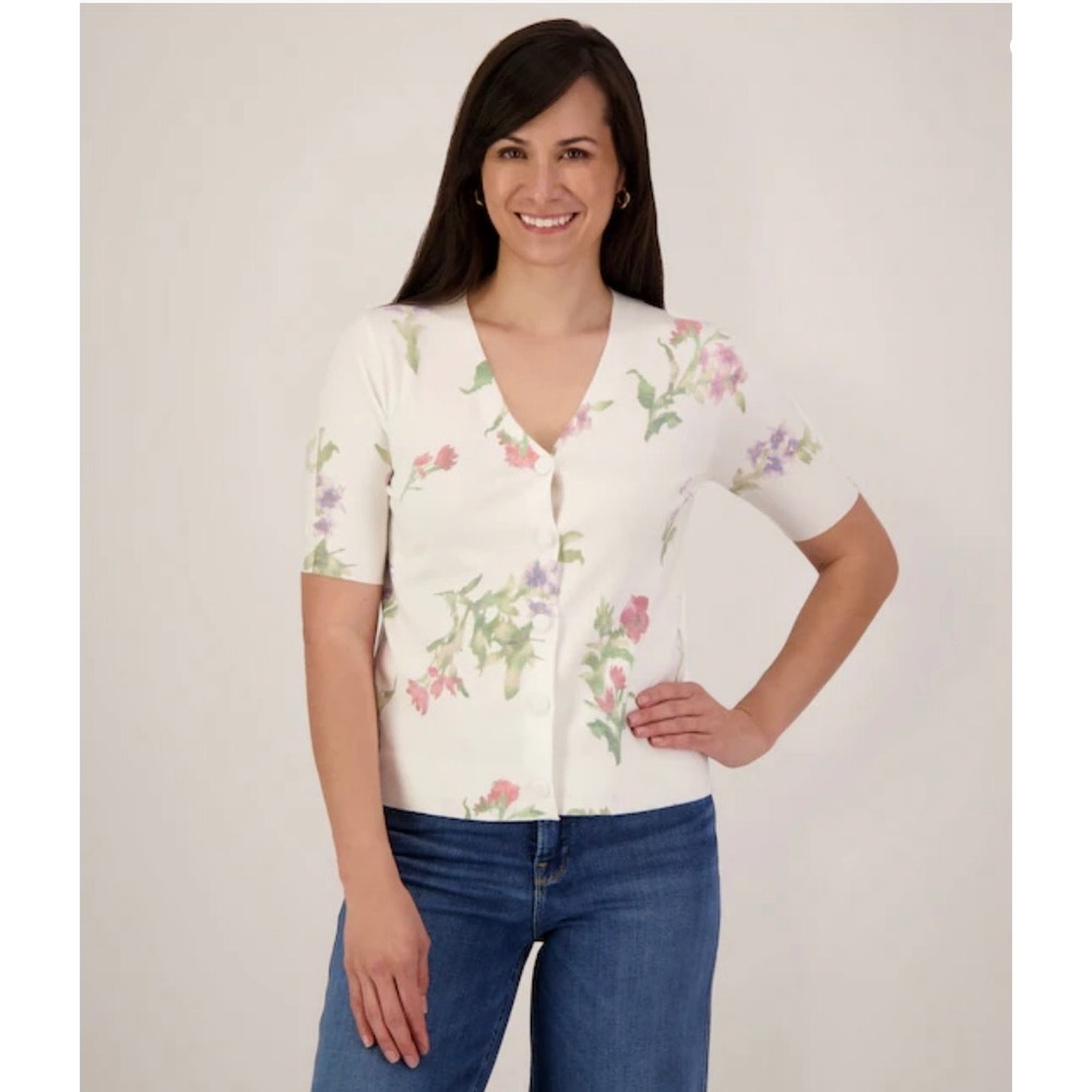 Sioni‎ Floral Button Up Front Cardigan Eggshell Ultra Soft Knit Women's Size M
